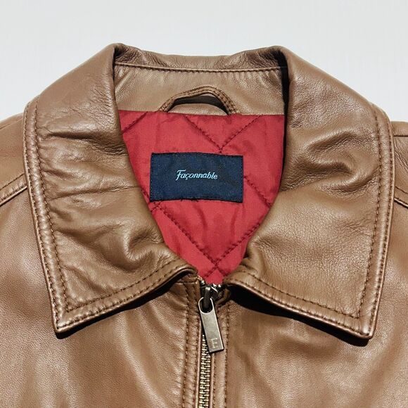 Façonnable Leather Jacket Men's Size XL Brown Quilted Lined Long Sleeve Full Zip - Picture 9 of 9